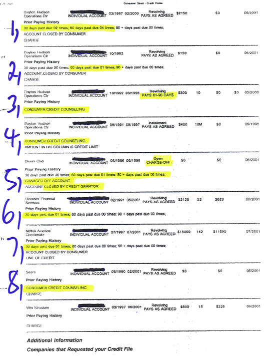 Equifax credit report with consumer credit counseling notations and late payments